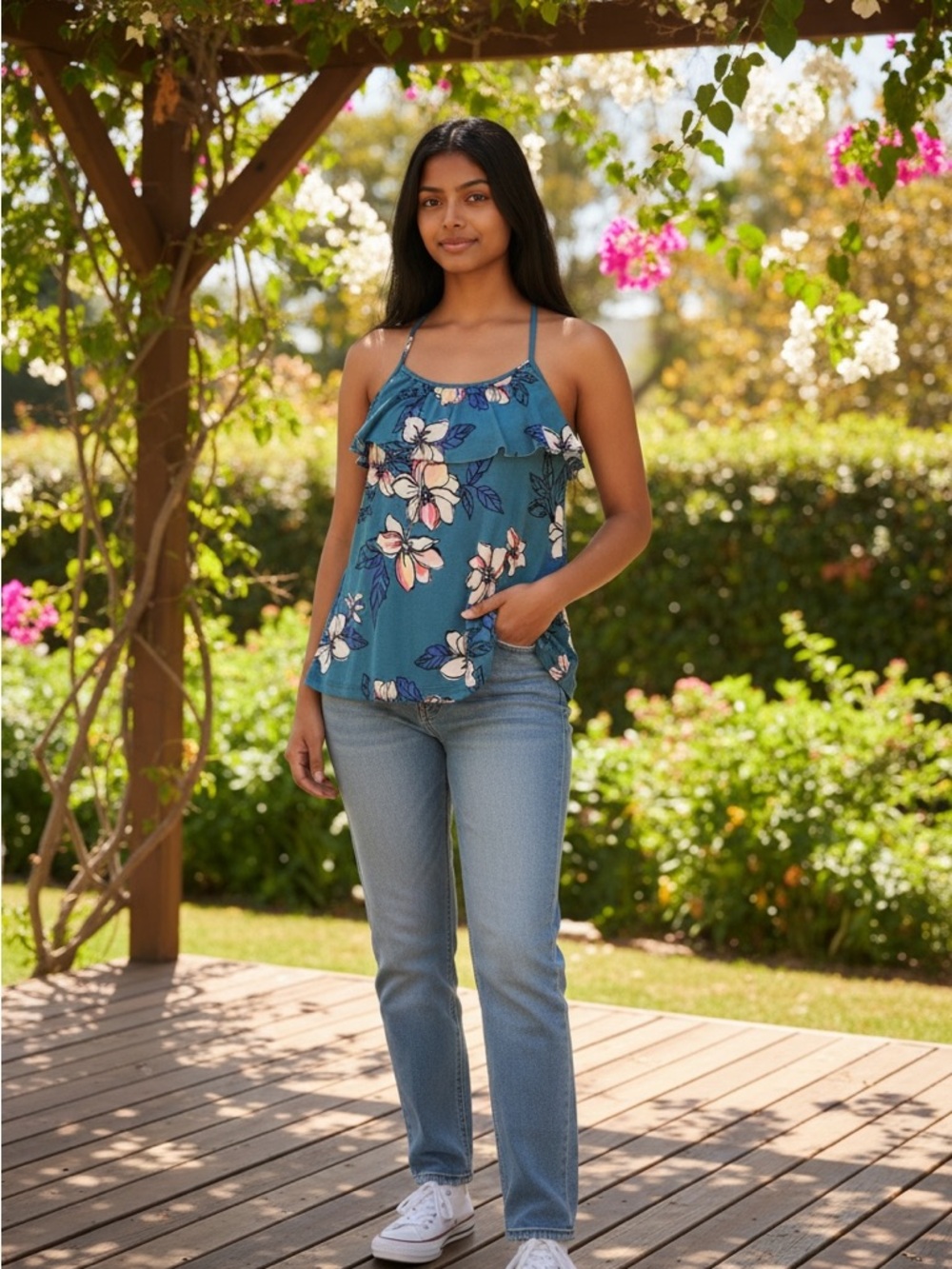 Bixby NWT Girls Floral Ruffle-Trim Camisole Tank Top - Teal